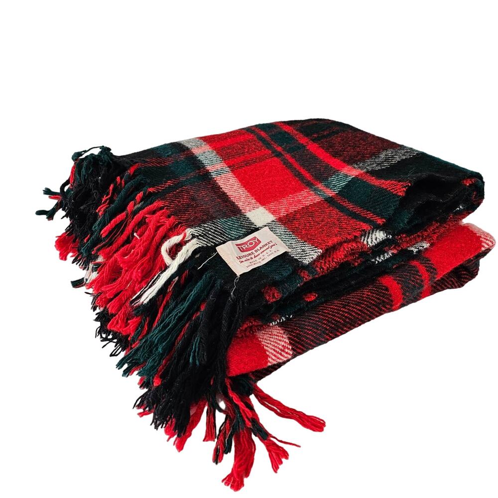Vintage Troy Leisure Blanket lap robe throw black red green white 51x57 fringed